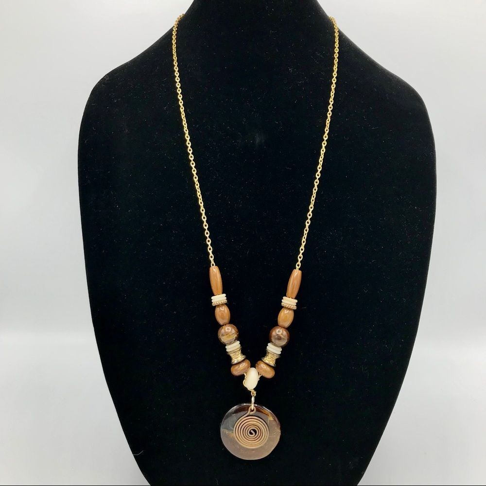 Long Necklace Gold Tone Brown Round Metal Swirl Pendant Beaded Bohemian - Picture 3 of 7